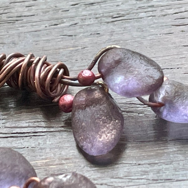 Handmade Artisan Boho Purple Etched Glass,  Copper & Sterling Silver Dangle Earrings with Handmade Oxidised Sterling Silver Earwires