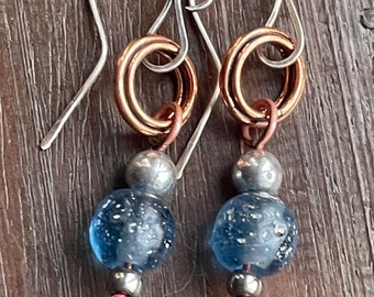 Handmade boho copper, silver and blue etched glass dangle earrings
