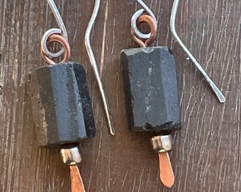 Handmade artisan boho silver, copper and black tourmaline dangle earrings. Oxidised recycled sterling silver ear wires
