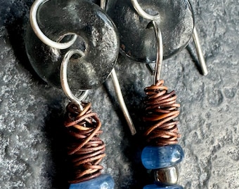 Handmade silver, grey glass, kyanite and copper earrings