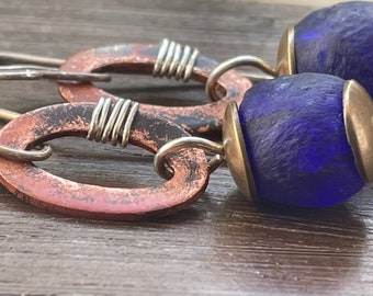 Handmade artisan boho dangle earrings. Recycled cobalt blue glass, copper and sterling silver earrings