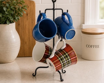 Handmade Wrought Iron Mug Tree – 4-Cup Coffee Station Decor