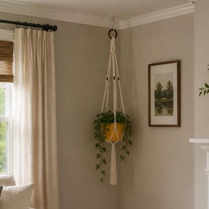 May include: A cream-colored sofa with gray and cream throw pillows, a wooden coffee table with a woven tray holding a potted plant and books, and a macrame plant hanger holding a yellow pot with a trailing green plant suspended from the ceiling.