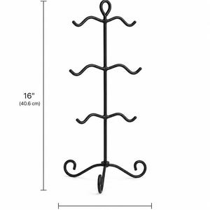 May include: Black metal mug rack, 40.6 cm tall and 20.3 cm wide. The rack has a hook at the bottom and four curved arms to hold mugs. The top has a decorative loop.