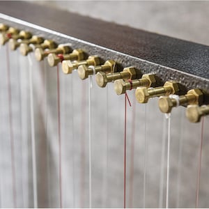 May include: Close-up of a musical instrument's tuning mechanism. Brass bolts and strings are attached to a dark, textured surface. Red and white strings create a rhythmic pattern. The image focuses on the instrument's details.