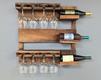 Wall Mount 3 Bottle Wine Rack - Amish Made Wine Storage with 8 Glass Hanger - Bar Decor & Kitchen Organization - White or Stained
