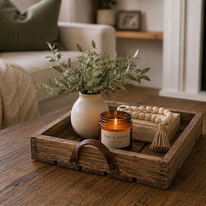 May include: A square wooden tray with leather handles containing a small white ceramic vase with green foliage, a lit amber glass candle labelled Pine & Cedar, and a strand of light-coloured wooden beads with a jute tassel resting on a book.
