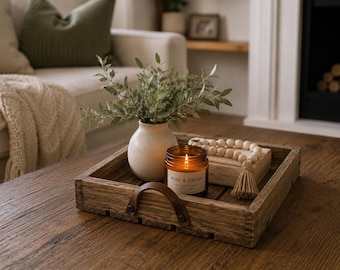 Rustic Wood Serving Tray with Leather Handles, Farmhouse Coffee Table Tray, Distressed Wooden Decorative Tray