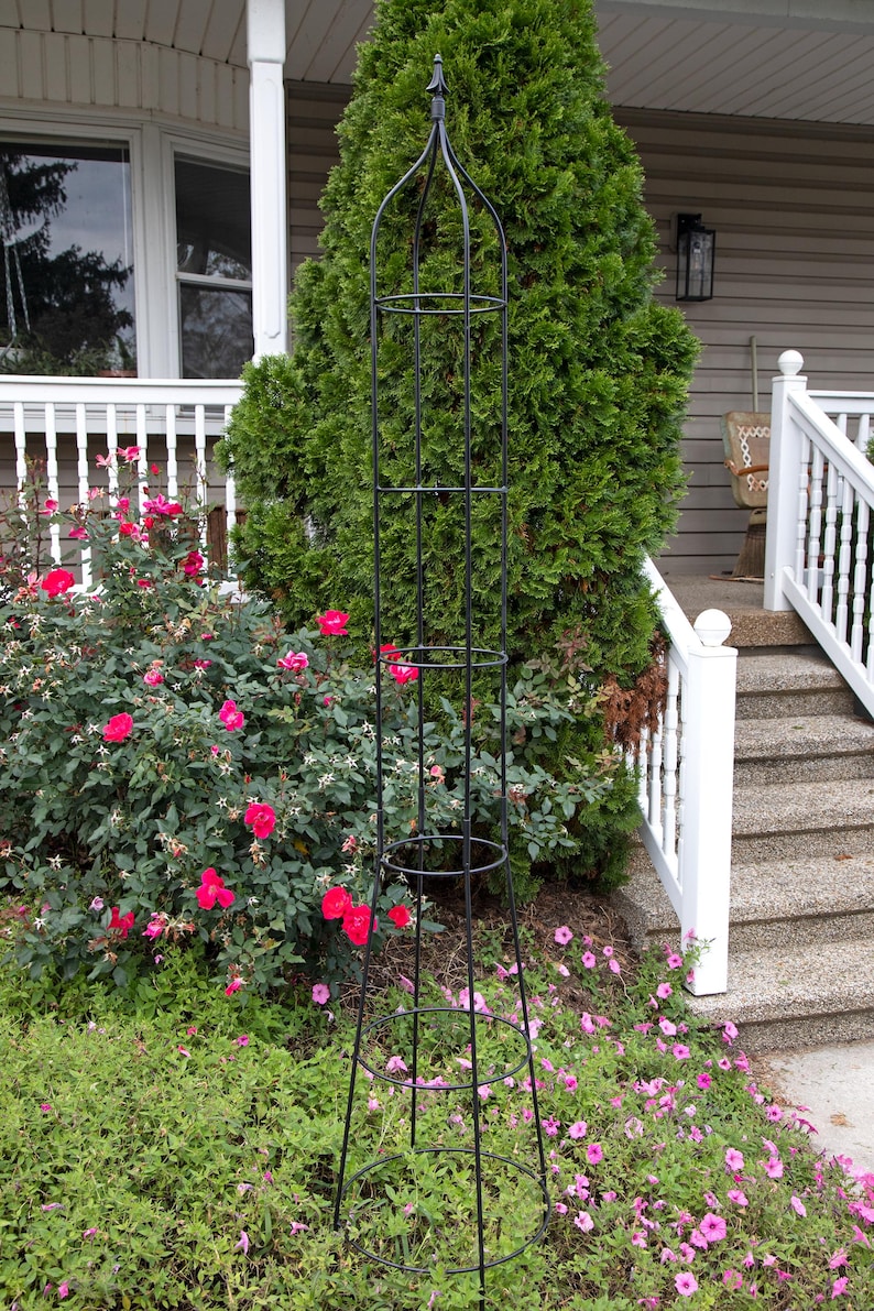 May include: Black metal garden trellis with a pointed top and multiple tiers. The trellis is standing in a garden bed with pink flowers.