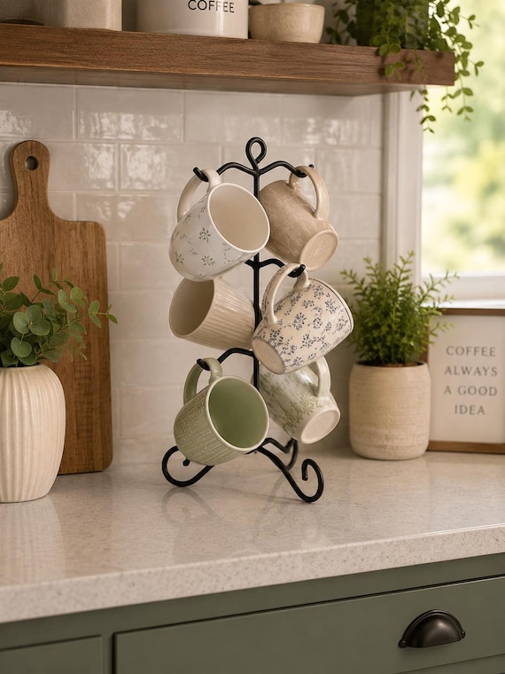 Handmade Wrought Iron Mug Holder | 6-Cup Coffee Station Organizer