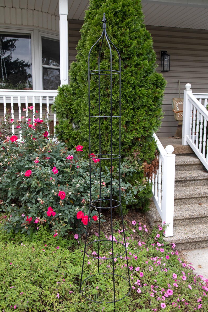 May include: Black metal garden trellis with a pointed top and multiple tiers. The trellis is standing in a garden bed with pink flowers.