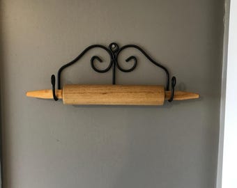 Wrought Iron Rolling Pin Stand – Farmhouse Holder for Wooden, Marble & French Rolling Pins – Vintage Kitchen Storage Decor - Amish made