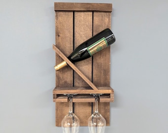 Wall Mount Wooden Wine Rack - Amish Made 1 Bottle Holder with Glass Hanger - Bar Decor, Kitchen Organization, Wine Storage, Home Decor