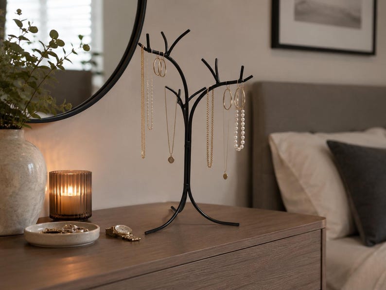May include: A black metal jewelry tree with multiple branches, displaying necklaces and earrings. The tree sits on a wooden dresser, next to a candle in a glass holder and a small dish. A round mirror and a bed are in the background.