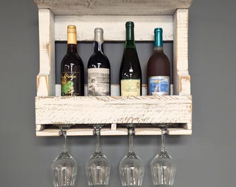 Wall Mount 4 Bottle Wine Rack - Amish Made Wine Storage with Glass Hanger - Bar Decor & Kitchen Organization - White or Stained