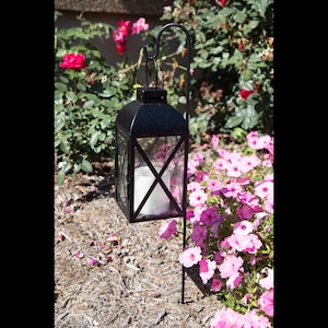 Pode incluir: Lanterna preta de metal com um painel de vidro e uma vela branca dentro. A lanterna está pendurada em um gancho de metal preto preso a uma estaca no chão. A lanterna está cercada por flores cor-de-rosa.
