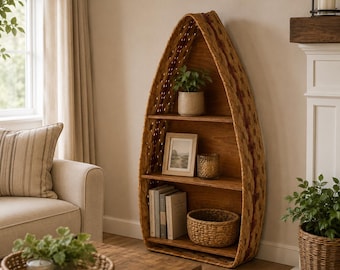May include: A tall, boat-shaped wooden bookshelf with a natural brown finish and woven side panels. The unit features three horizontal shelves holding a small potted plant, a framed picture, a glass candle holder, several books, and a woven basket.