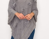 Vintage Southwest Style Fur Pom Pom Fringed Acrylic Pullover Sweater Poncho Turtleneck Shawl for Women