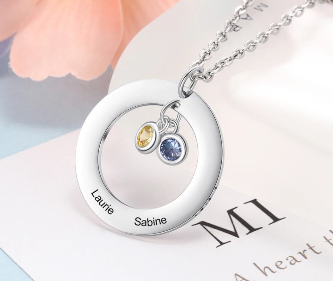 Personalized Stainless Steel Circle Necklace With 13 Birthstones Custom Name Engraved Round