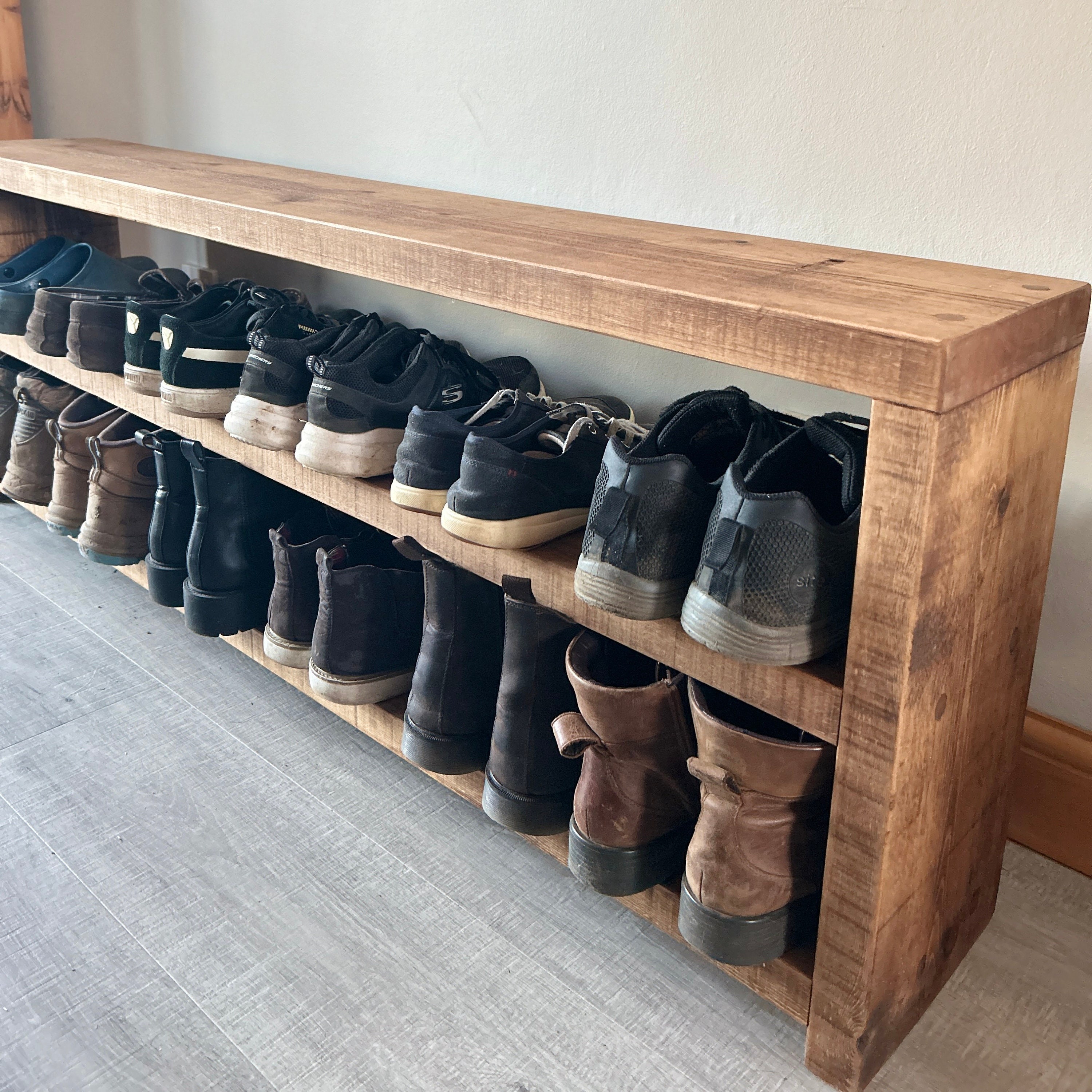 Wide Handmade Reclaimed Cubbies Wood Shoe Stand with Boot level