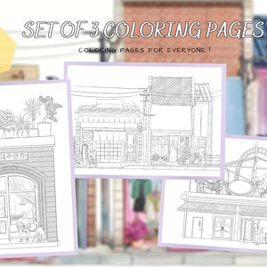 Set of 3 print, coloring kit -Coloring cityscape,architecture