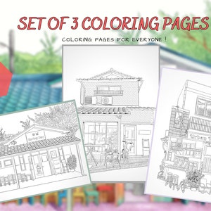 Set of 3 print- Cafe in Seoul, Little Pub in seoul city, Train station-spring day-Coloring cityscape,architecture