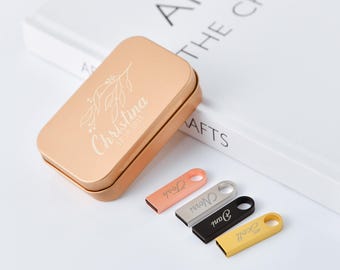 Personalized engraved metal USB flash drives. Wedding gifts and holiday party souvenirs.