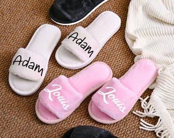 Personalized Fluffy Slippers for Bridesmaids - Custom Wedding Spa Slides, Cozy Bachelorette Proposal Gift