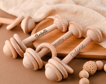 Personalized NameWooden Rattle-Kids Toys-Newborn Name Engraved Wooden Rattle-Baby Keepsake Birth-Engraved Shower Gift,Birth Anniversary Gift