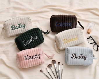 Personalized velvet cosmetic bag, customized bridesmaid gift, letter embroidered travel toiletries storage bag, for her, female gift