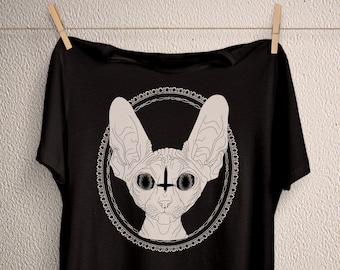 Sphynx Cat T-Shirt, Gothic Inverted Cross Tee