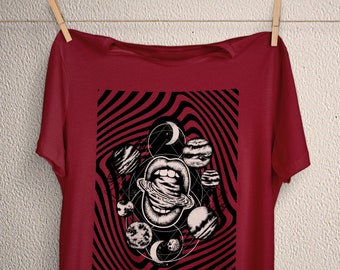 Planets t-shirt, mouth lips Saturn Jupiter sun stars aesthetic clothes, plus size goth, pagan clothing, pastel apparel, wicca green witch