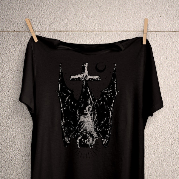 Creepy cute bat shirt, wooden cross, pastel goth clothing, soft grunge nu goth, pastel grunge, witchy witch apparel, gothic plus size top