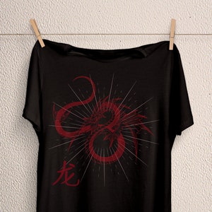 Japanese aesthetic shirt, red dragon t-shirt, kanji apparel, tattoo art outfit, edgy clothing, soft grunge clothes,  goth streetwear