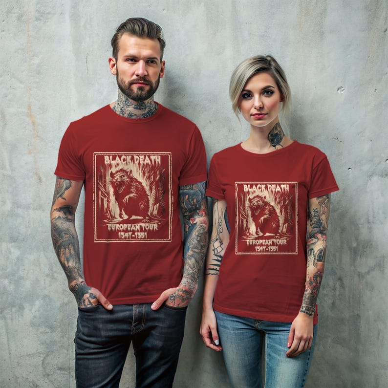 May include: Two red t-shirts with a vintage-style graphic of a black and white rat with the text "Black Death European Tour 1347-1351".