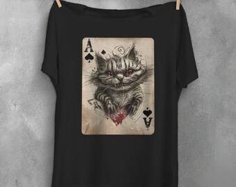 Camiseta con el as del Gato de Cheshire, camiseta gótica con diseño de cartas de juego, top de fantasía oscura.