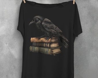Crow on Books T-Shirt, Dark Academia Raven Tee, Witchy Gothic Top