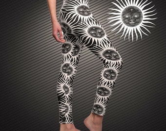 Leggings motif soleil Leggings soleil céleste énigmatique Pantalon imprimé soleil ésotérique Vêtements de yoga monochromes occultes Vêtements gothiques pastel grande taille