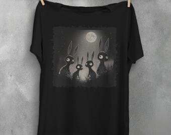 Maglietta Weird Bunny, conigli neri sotto la luna piena, maglietta gotica Weirdcore