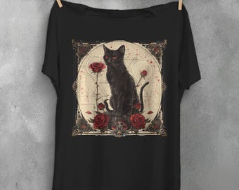Camiseta Black Cat Rose, camiseta con estampado de gato brujo, camiseta gótica para amantes de los gatos