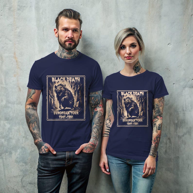 May include: Two navy blue t-shirts with a graphic print of a black bear and the text "Black Death European Tour 1347-1351".