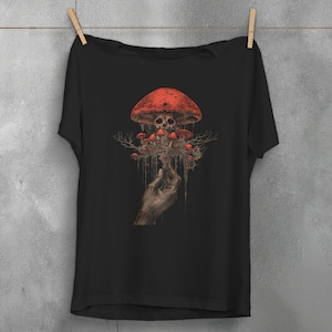 Camiseta con calavera de hongo, arte gótico de la naturaleza, camiseta de fantasía psicodélica