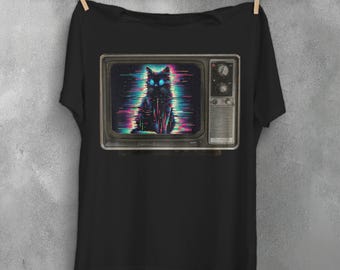 サイケデリックキャットTシャツ、ゴシックTVグラフィックTシャツ