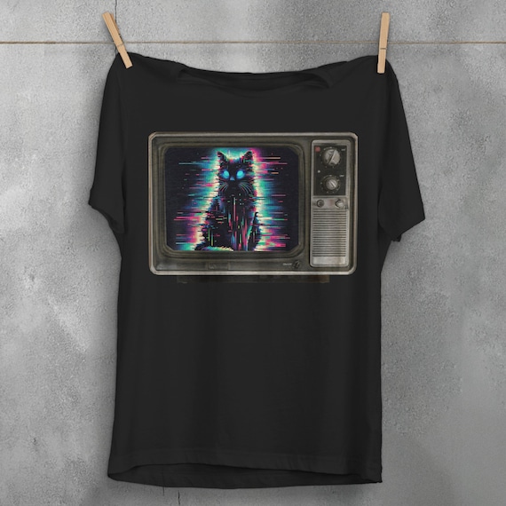 Psychedelic Cat On TV T-Shirt, Trippy Shirt, Crust Punk Grunge, Gothic Alt Clothing, Dark Aesthetic, Alternative fashion, Plus Size Goth