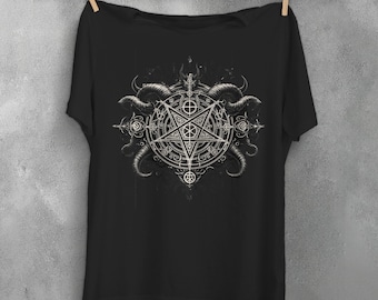 Gothic Pentagram Ram Horns T-Shirt Creepy Cute Weird Occult Apparel Dark Witchy Top Alternative Goth Tee Plus Size Ethereal Mystic Clothes