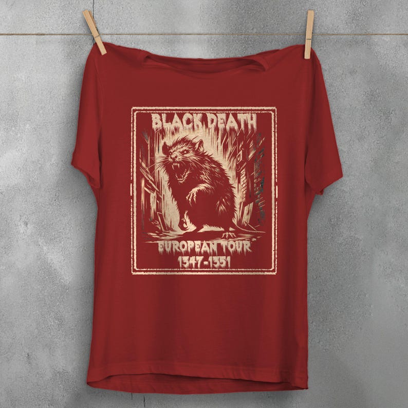 May include: Red t-shirt with a vintage-style graphic of a rat in a city alley. The graphic says "Black Death European Tour 1347-1351".