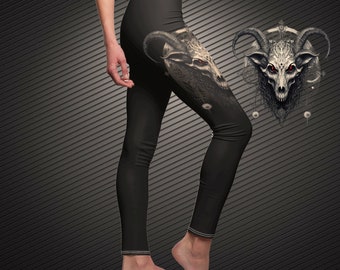 Occult Goat Skull Leggings - Dark Art Printed Yoga Pants, Gothic Athletic Wear, Mystic Baphomet Workout Tights, Women's Alternative Fashion