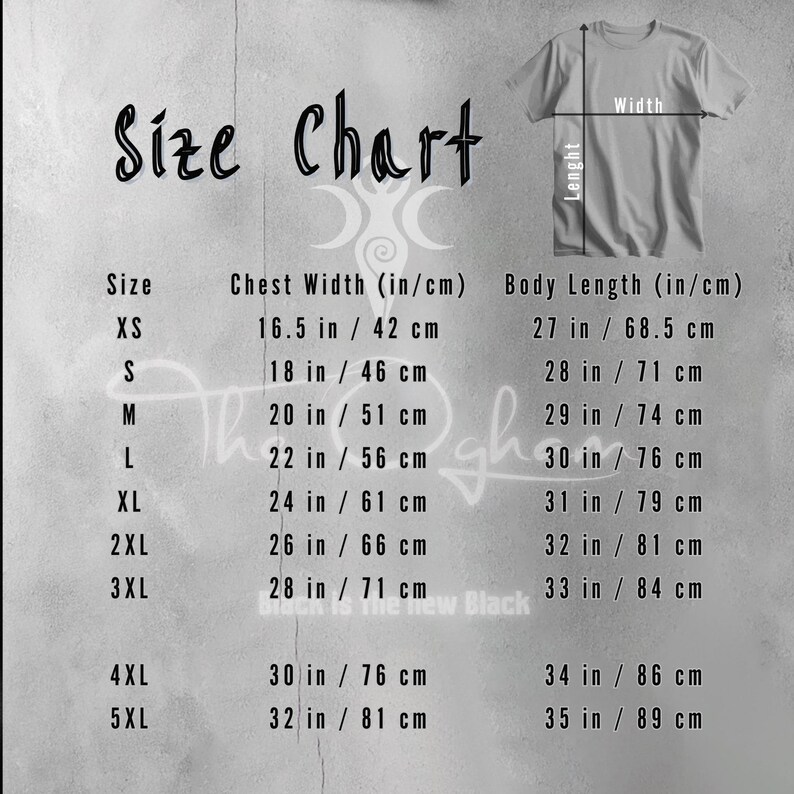May include: Size chart for a t-shirt with measurements in inches and centimeters. The chart shows the chest width and body length for sizes XS to 5XL.