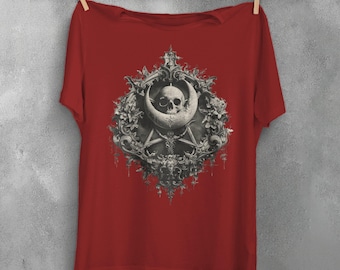 Camiseta gótica con calavera y luna, camiseta espeluznante y linda de bruja, ropa gótica alternativa, camiseta de fantasía oscura, ropa pagana de brujería, top gótico de talla grande