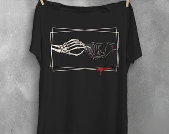 Creation hands shirt, aesthetic shirt, touching hands, witch skeleton grunge clothing, gothic clothes, urban outfit, alternative fashion